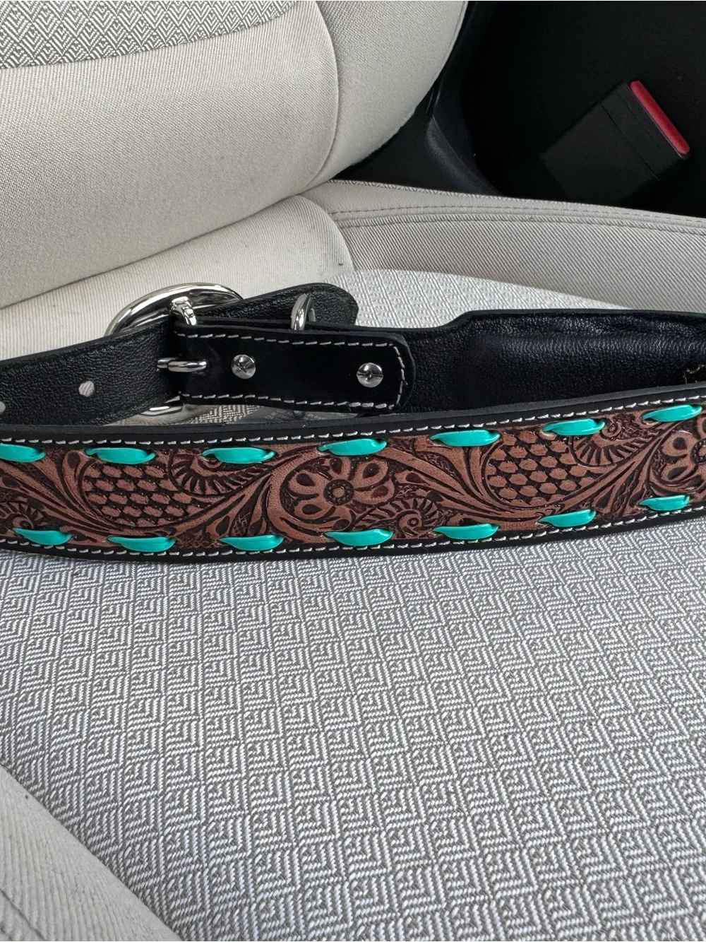 Myra Leather Tooled Turquoise Trail Cowboy Dog Collar Buckstitch L 18”-22”